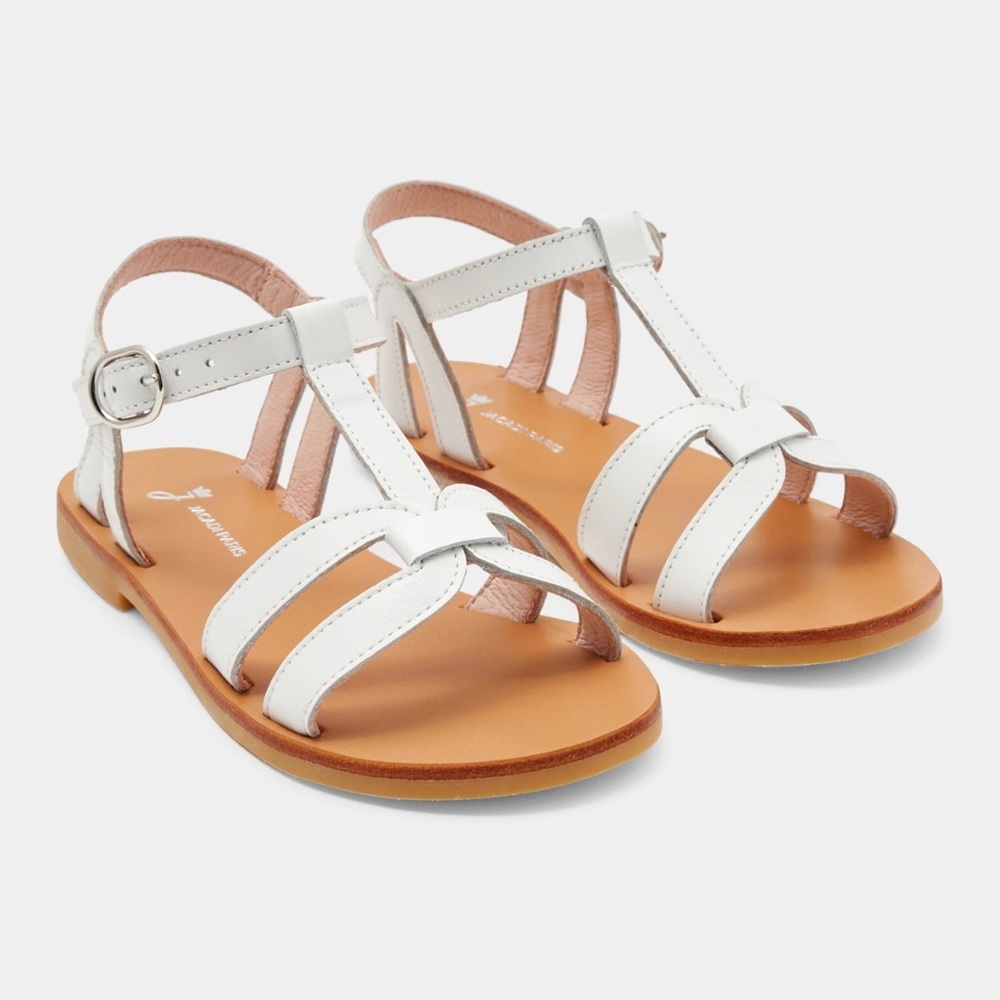 • Jacadi Paris • Girls Leather T Strap Sandals White Braided 38 / Juniors 6